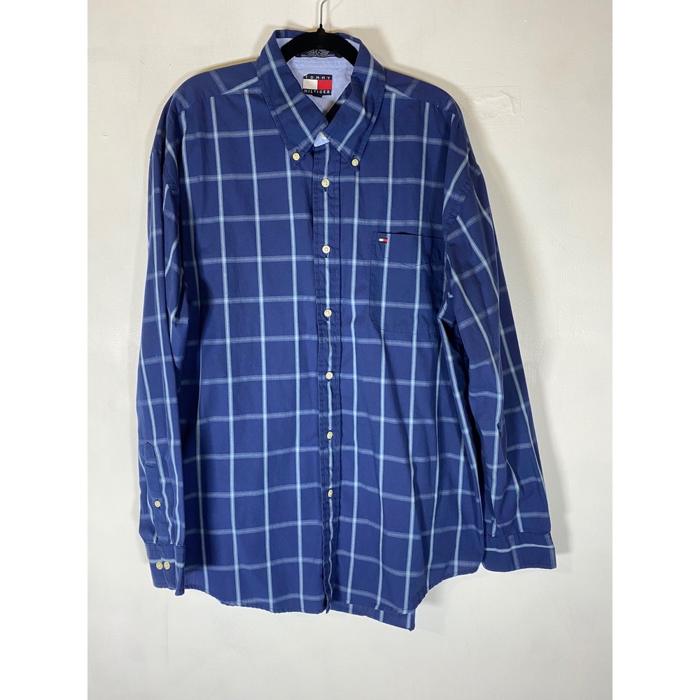 Tommy Hilfiger XL Blue Windowpane Plaid Button Up Shirt 100% Cotton Preppy